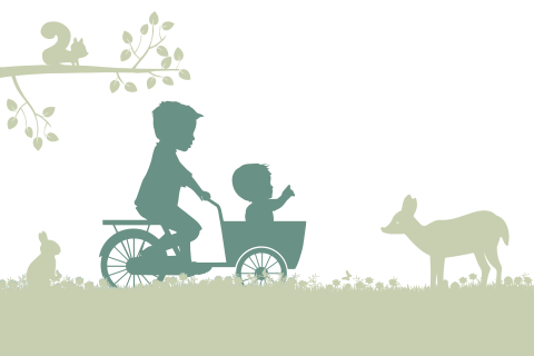 Groen geboortekaartje jongen met doorkijkje en bakfiets met broer