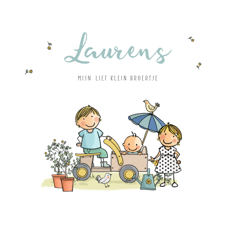 Geboortekaartje met tekening van broer zus en baby broertje en kar
