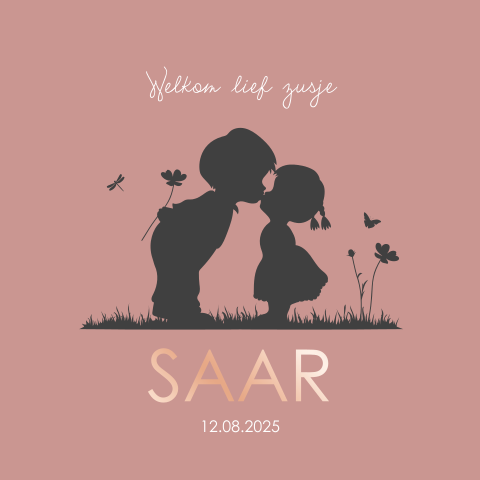 Geboortekaartje voor zusje met silhouetjes en roségoudfolie