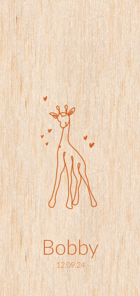 Unisex geboortekaartje met lijntekening giraffe op écht hout