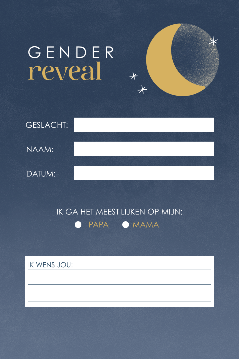 Gender reveal invulkaart blauw met maantje