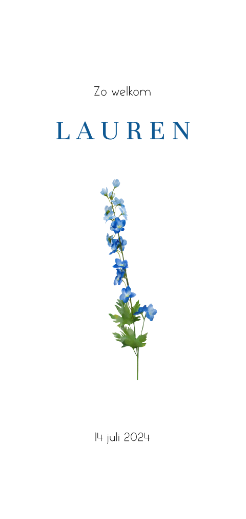 Minimalistisch geboortekaartje met blauwe geboortebloem