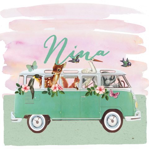 Poster voor meisje met volkswagenbusje met dieren