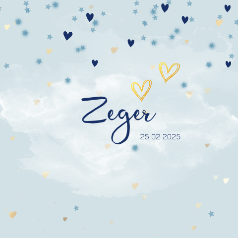 Lief geboortekaartje voor jongen met aquarel en hartjes en sterren