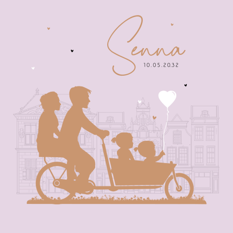Lila geboortekaartje met silhouetjes gezin op bakfiets