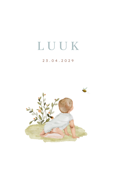 Lente geboortekaartje met illustratie jongetje in het gras