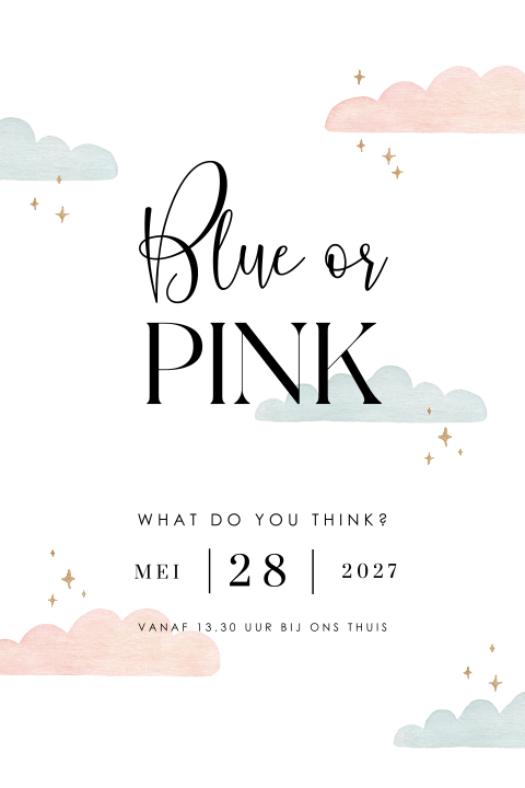 Gender reveal uitnodiging met blauw/roze wolkjes