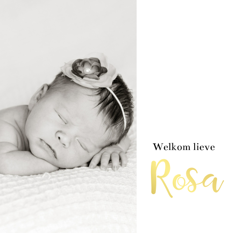 Goudfolie geboortekaart met foto voor een meisje
