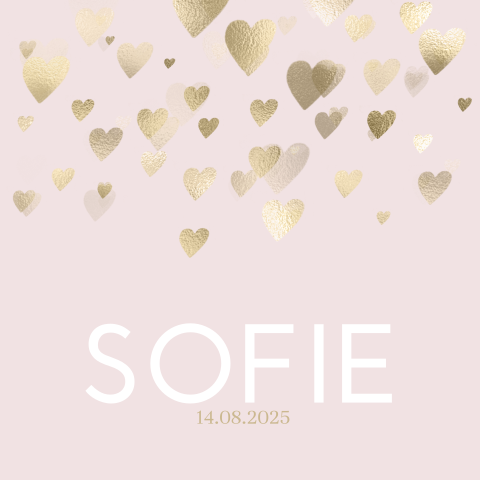 Schattig geboortekaartje voor meisje met goudlook hartjes op oudroze