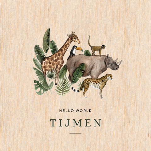 Echt houten vierkant geboortekaartje met jungledieren