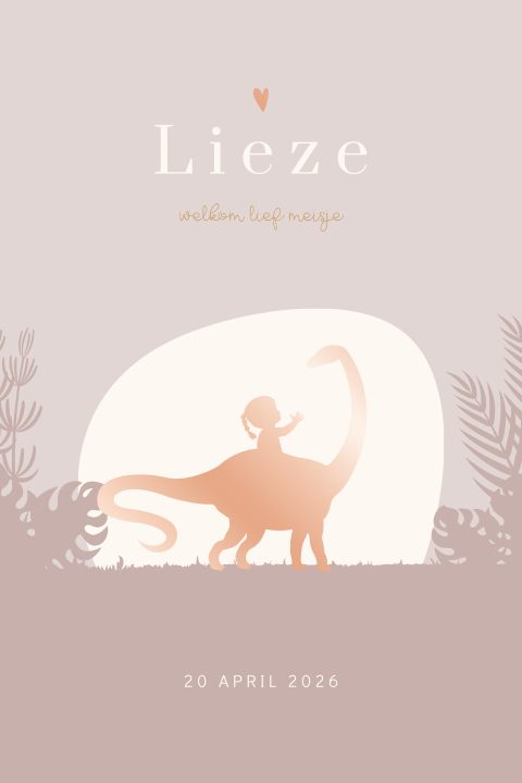 Roségoudfolie geboortekaartje met silhouetje van dino en meisje