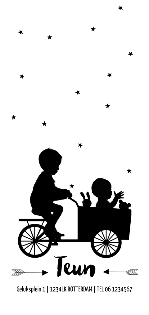 Langwerpig geboortekaartje van baby in bakfiets met broer