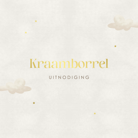 Lief kraamborrelkaartje met goudfolie details, wolkjes en sterretjes