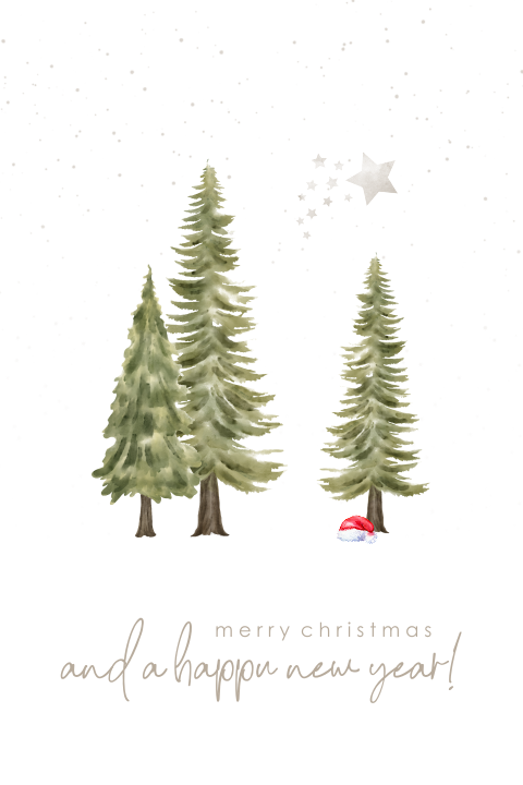 Lieve kerstkaart met illustraties van bomen en sneeuw