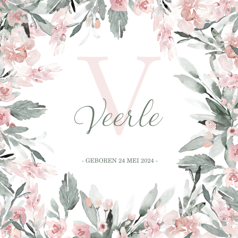 Romantisch geboortekaartje voor meisje met roze aquarel bloemetjes