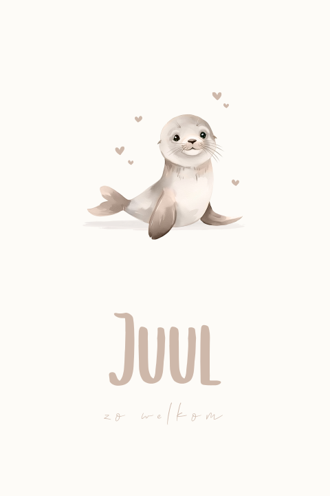 Lief geboortekaartje met zeehondje en hartjes