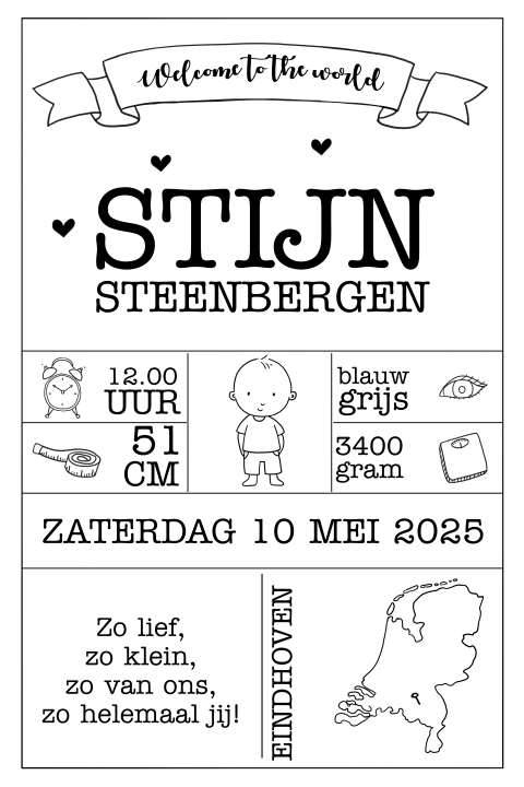 Hippe geboorteposter jongen zwart-wit