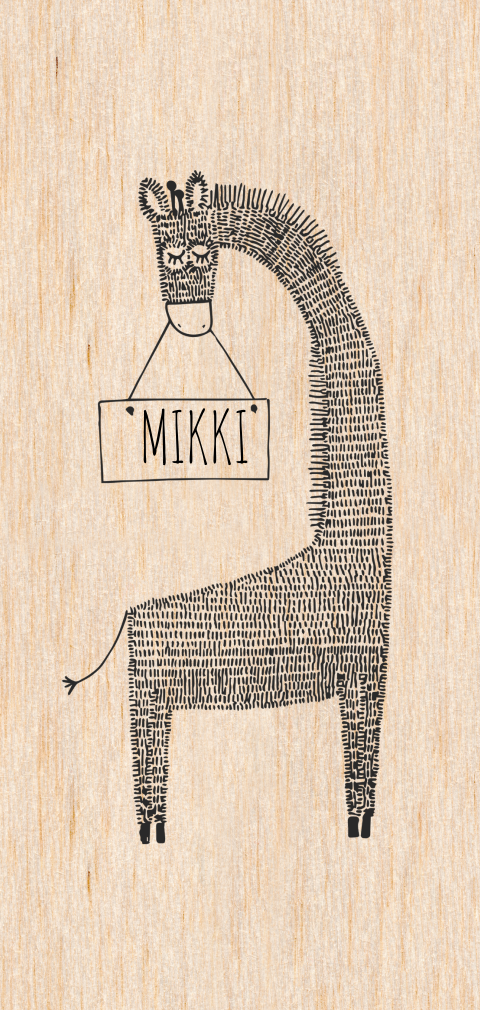 Echt houten geboortekaartje met girafje en naambordje