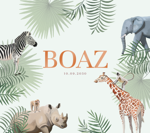 Avontuurlijk hoogglans babykaartje met jungle dieren voor een jongen