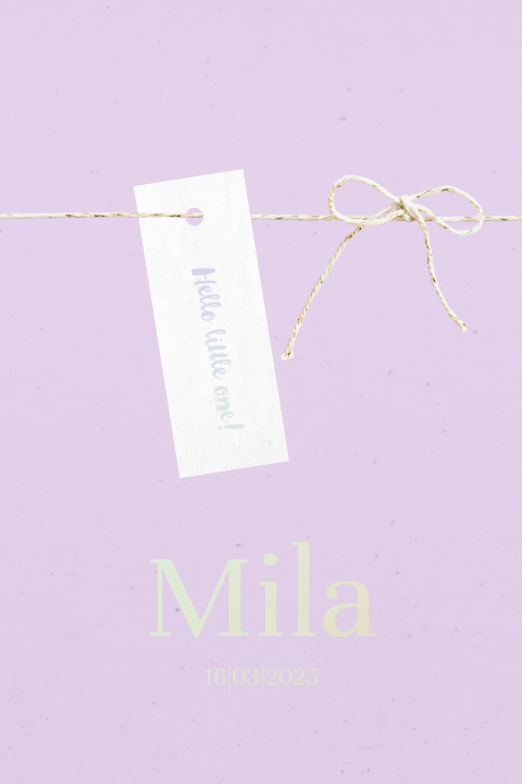 Lila geboortekaartje meisje met label-look en holografisch folie