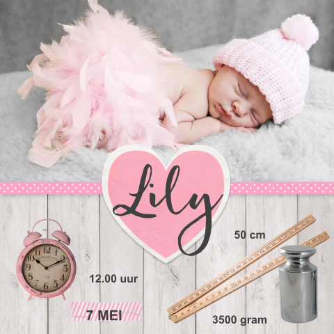 Lief geboortekaartje voor meisje met foto hout en roze hartje