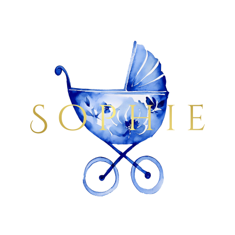 Goudfolie sluitsticker met kinderwagen in delfts blauw