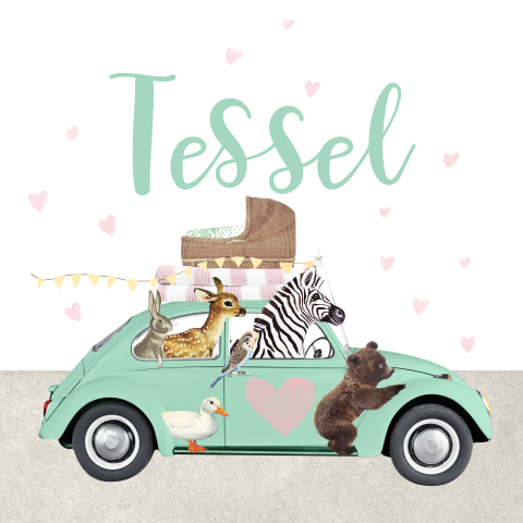 Lief geboortekaartje met een kever in mintkleur met dieren en wieg