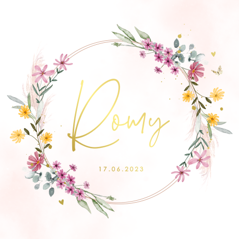 Lief babykaartje met goudfolie en veldbloemen voor een meisje