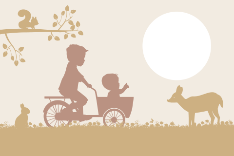 Bosdieren geboortekaartje jongen met doorkijkje en bakfiets met broer