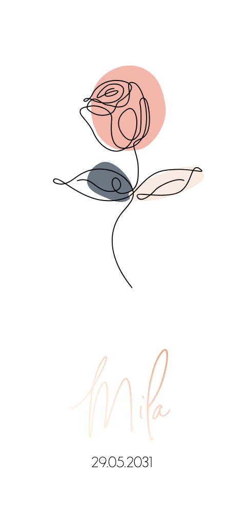 Eenvoudig geboortekaartje met lijntekening van een roos en roségoudfolie