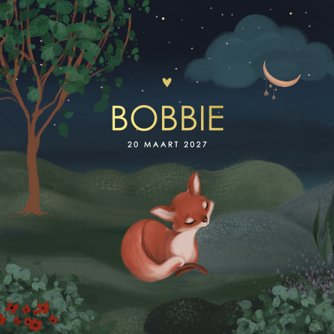 Herfst goudfolie geboortekaartje met lief vosje in de nacht