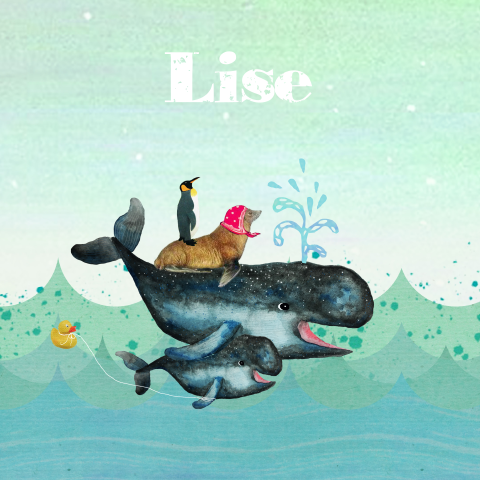 Illustratieve geboortekaart met walvis, zeehond en pinguïn