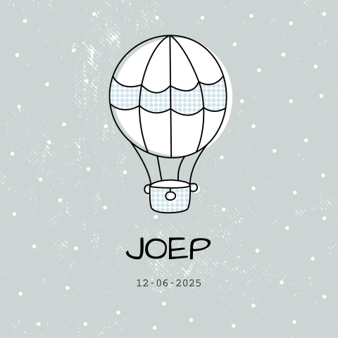 Lief geboortekaartje voor jongen met grijze luchtballon en stipjes