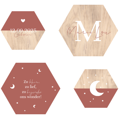 Stoere muurdecoratie met houtlook en aardetint in hexagon vorm