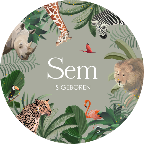 Raamsticker rond met jungle dieren en naam