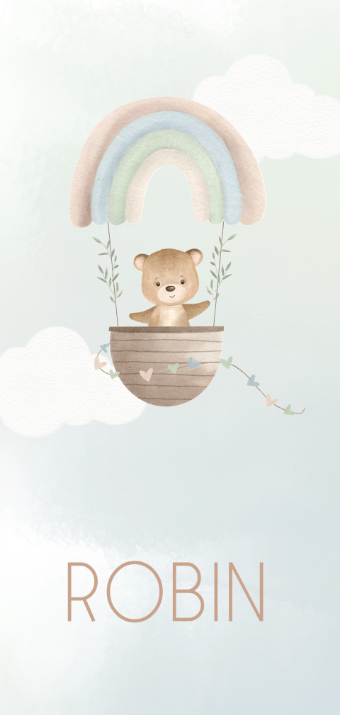 Geboortekaartje met beertje en regenboog luchtballon