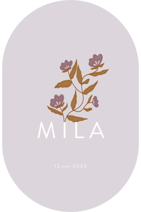 Uniek ovaal geboortekaartje lila voor meisje met bloemen