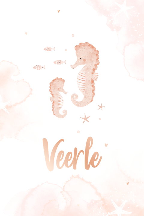Roségoudfolie geboortekaartje voor meisje met zeepaardje en aquarel