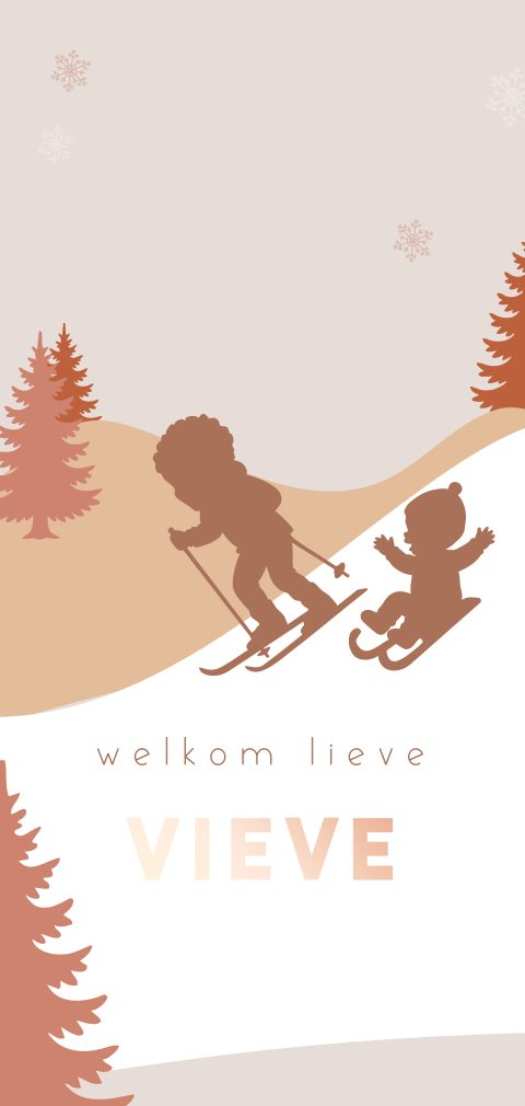 Winter geboortekaartje zusje met silhouetjes in de sneeuw
