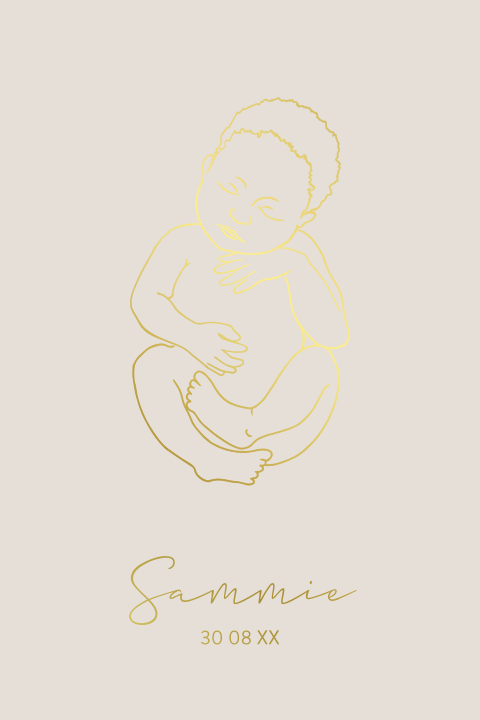 Rondhoek geboortekaartje met goudfolie baby lijntekening