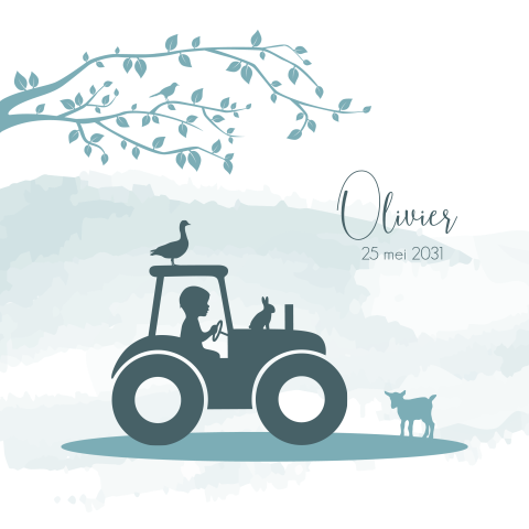 Vrolijk blauw geboortekaartje met silhouetje jongen op tractor