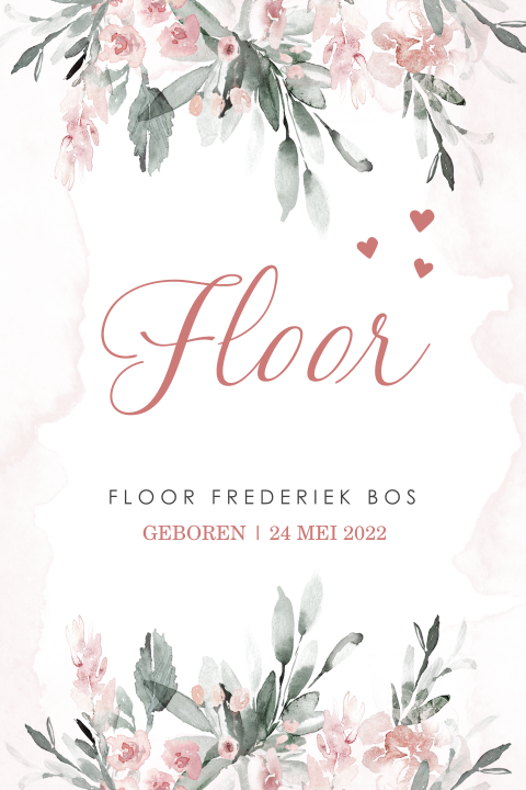 Romantisch geboortekaartje voor meisje met roze aquarel bloemetjes