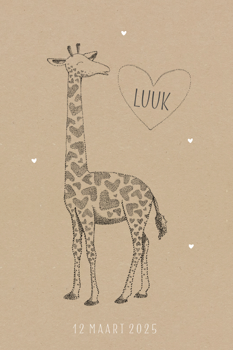 Schattig geboortekaartje voor jongen met pentekening van giraffe