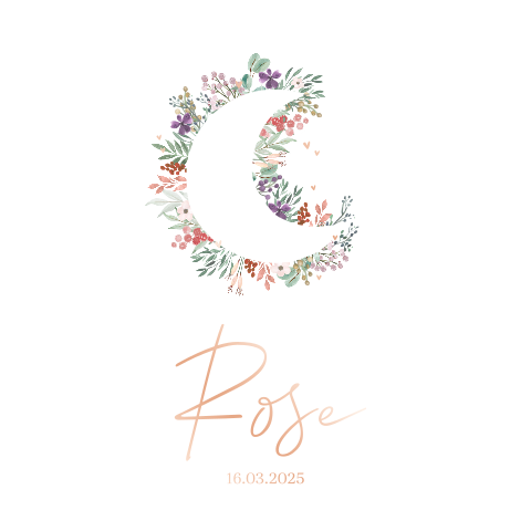 Lief geboortekaartje met maan, bloemen en roségoudfolie voor meisje