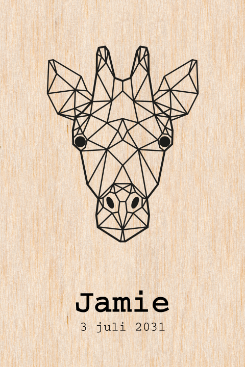 Trendy geboortekaartje op echt hout met geometrische giraffe