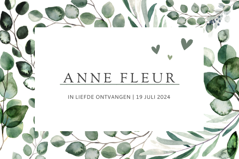 Hip geboortekaartje voor meisje met takjes en blaadjes van aquarel