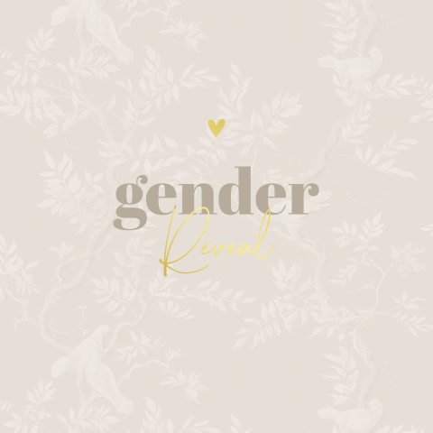 Gender reveal uitnodiging beige met stoflook en goudfolie