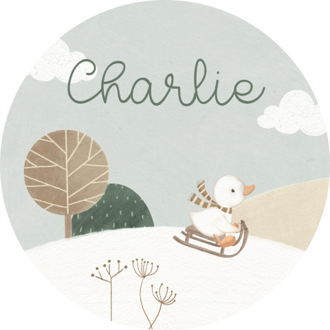 Lieve raamsticker met eendje op slee in winters landschap