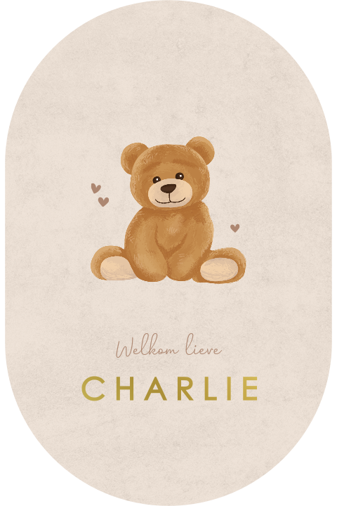 Ovaal geboortekaartje beige met teddybeer en hartjes