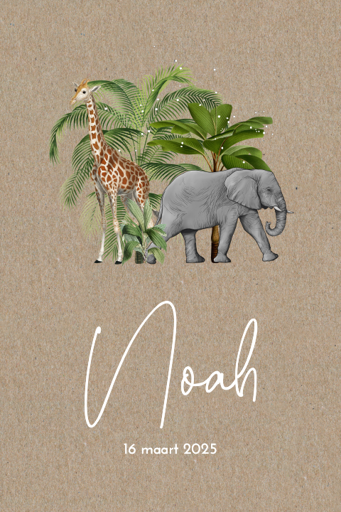 Kraft geboortekaartje voor zoon met olifant en giraf in jungle